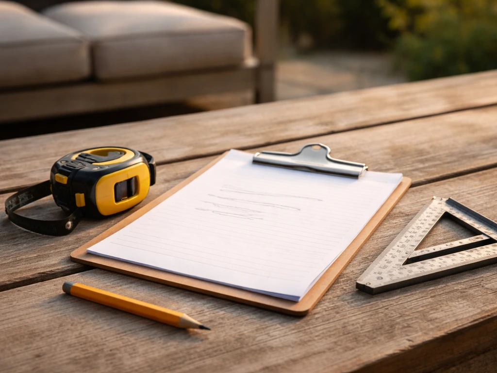 Clipboard with patio job schedule next to measuring tape and tools on a worktable outdoors