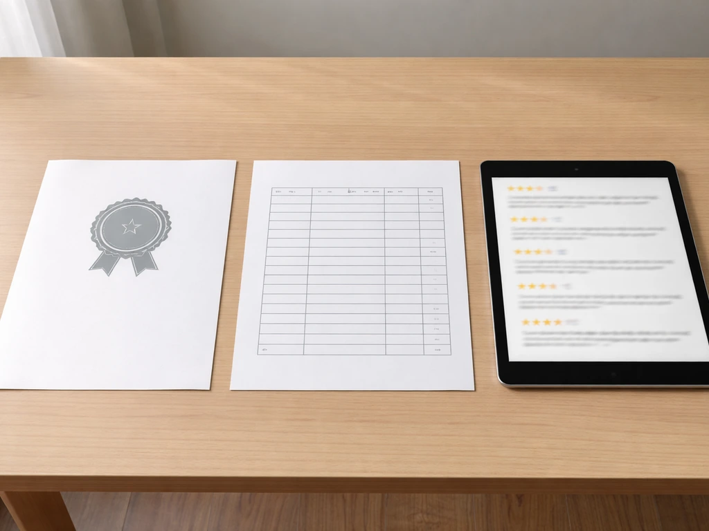 Desk scene with three separate, blurred review-source panels showing cross-checking beyond one platform.