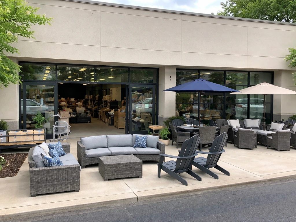 Inviting patio furniture warehouse storefront exterior with outdoor items arranged for browsing and pickup