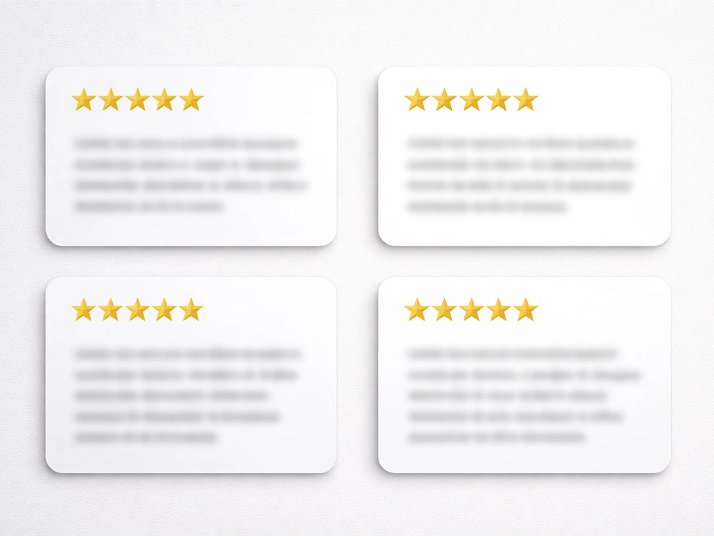 Minimal photo collage showing multiple blurred customer review cards with star icons, no readable text.