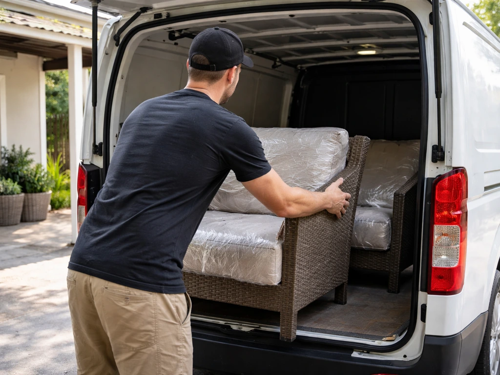 Anonymous delivery worker placing patio furniture into a van for home delivery or curbside pickup.