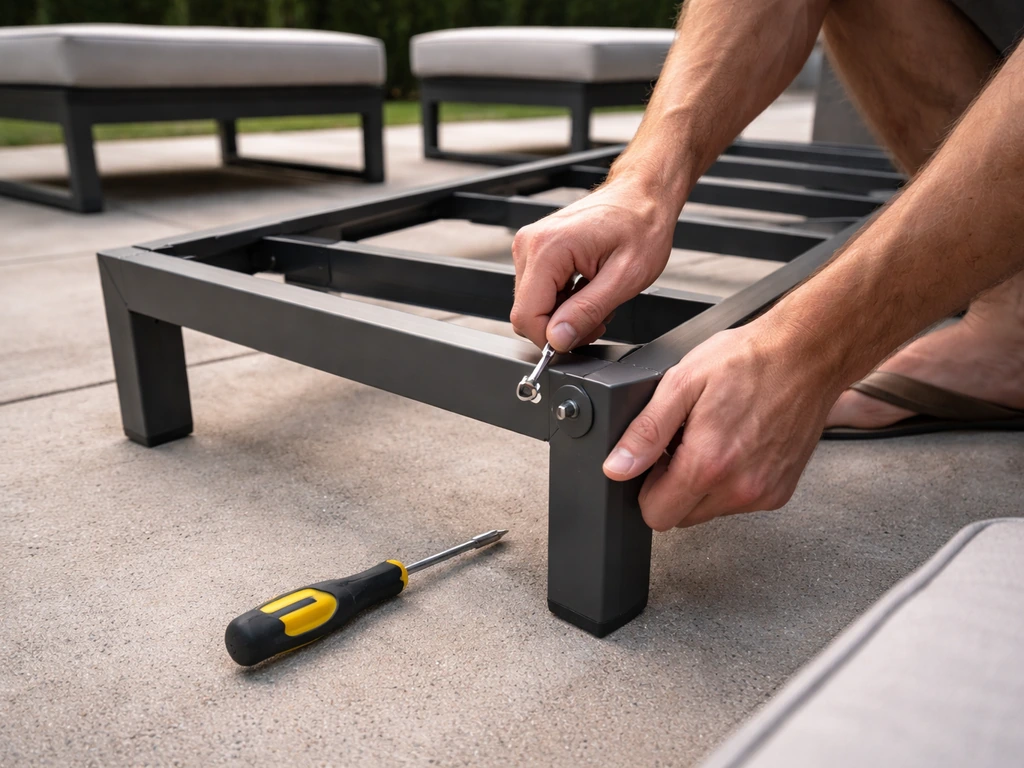 Close-up of hands assembling an outdoor modular seating set with tools on a patio