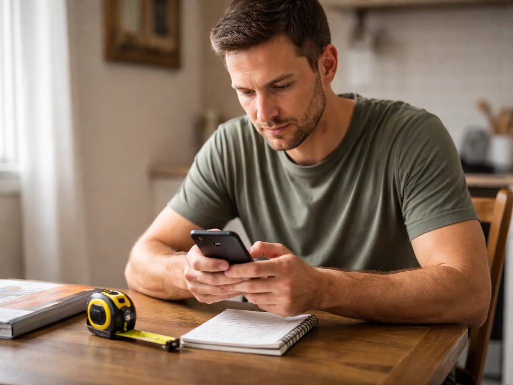 Homeowner at a table using a smartphone and notepad to check item availability and measurements.