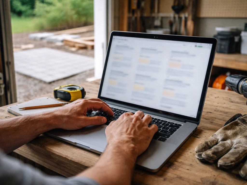 Homeowner checks blurred online patio reviews on a laptop while a partially built patio is visible behind.