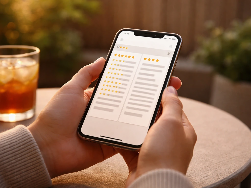 Split view of an anonymous patio review page with star ratings and short snippets suggesting bias