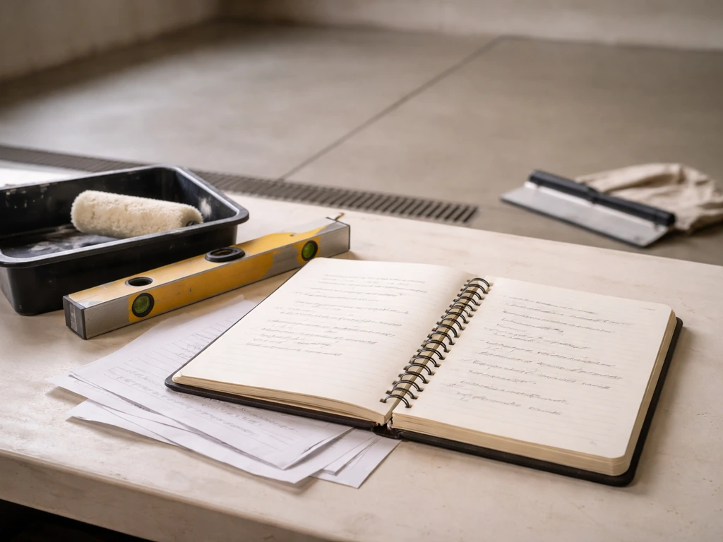 Close-up of a contractor’s notebook with handwritten bullet points and a neat jobsite surface in soft light.