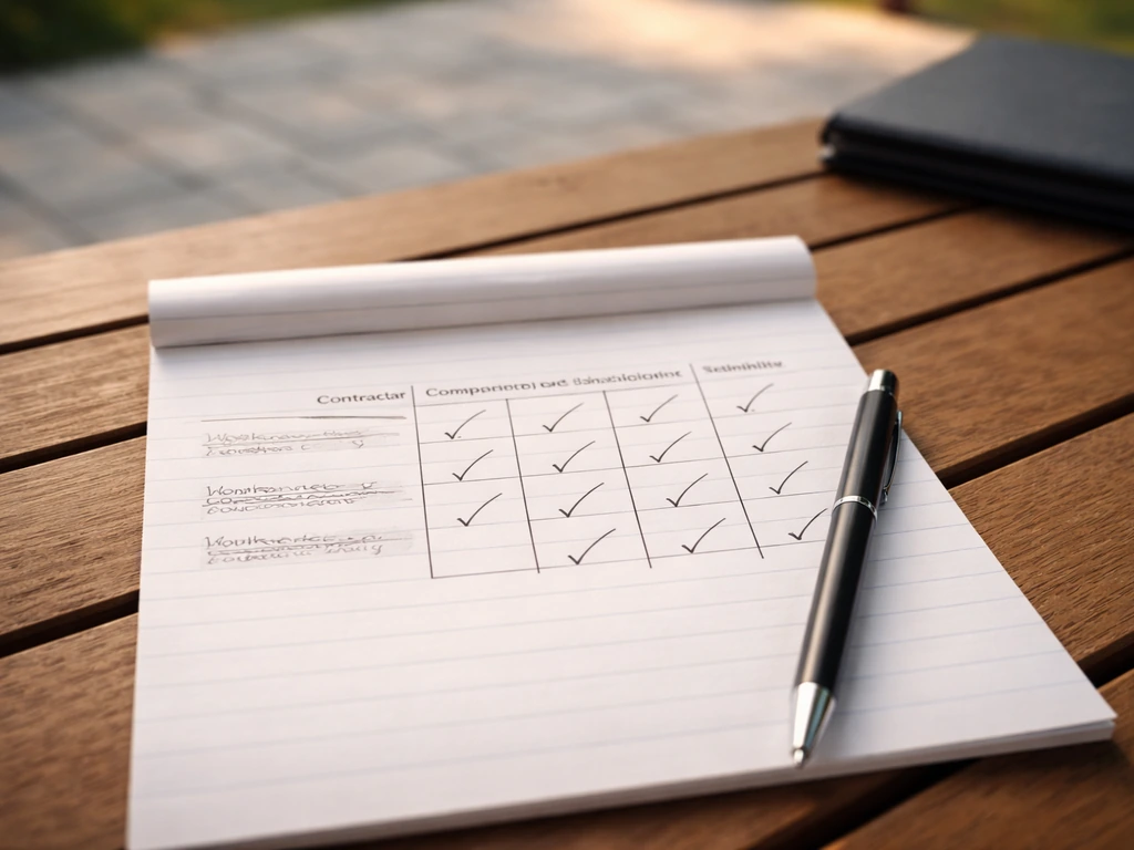 A handwritten patio contractor scorecard on a wooden table with a pen, comparing two contractors across categories.