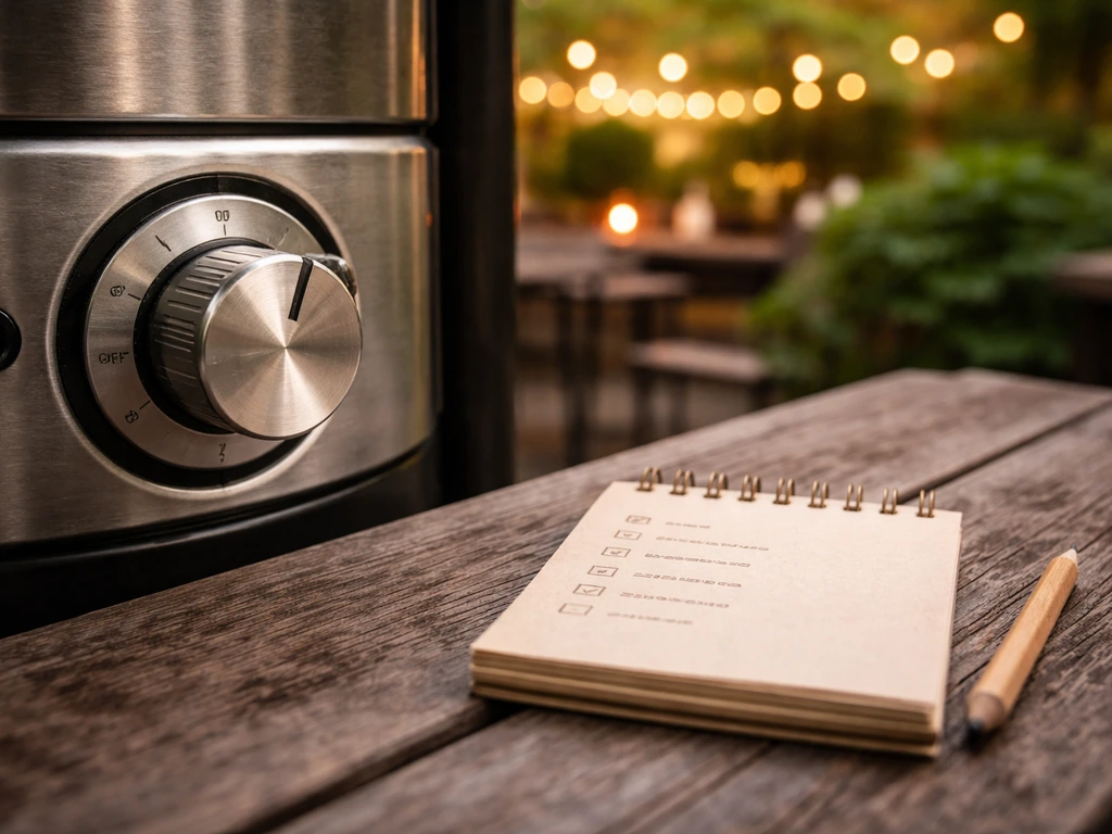Close-up of a patio heater knob beside a cozy notepad with checklist notes for choosing a patio