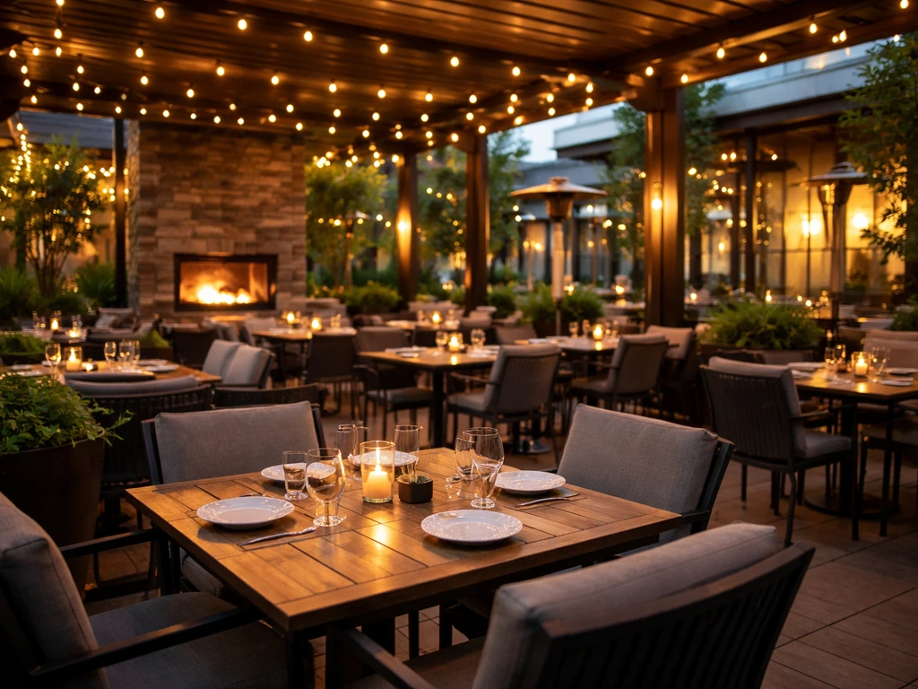 Lively Earls patio at dusk with warm string lights and group-friendly small tables, cozy and inviting.