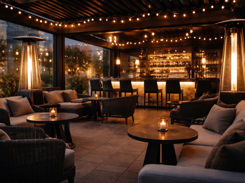 Covered patio outside The Keg with warm lights and an inviting bar/lounge atmosphere at dusk.