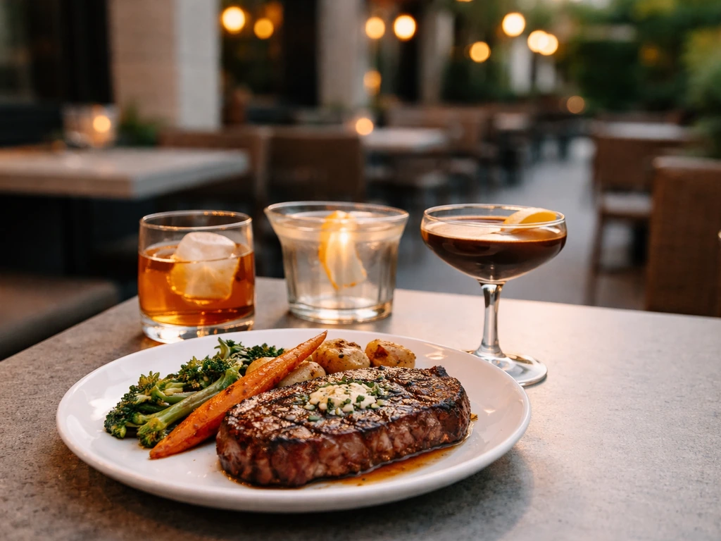 Minimal patio scene with a steak dinner plate and two drinks on a table