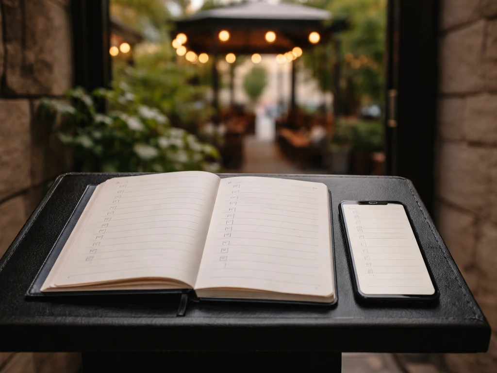 Close-up of a phone and notebook checklist on a patio host stand near an outdoor entrance.