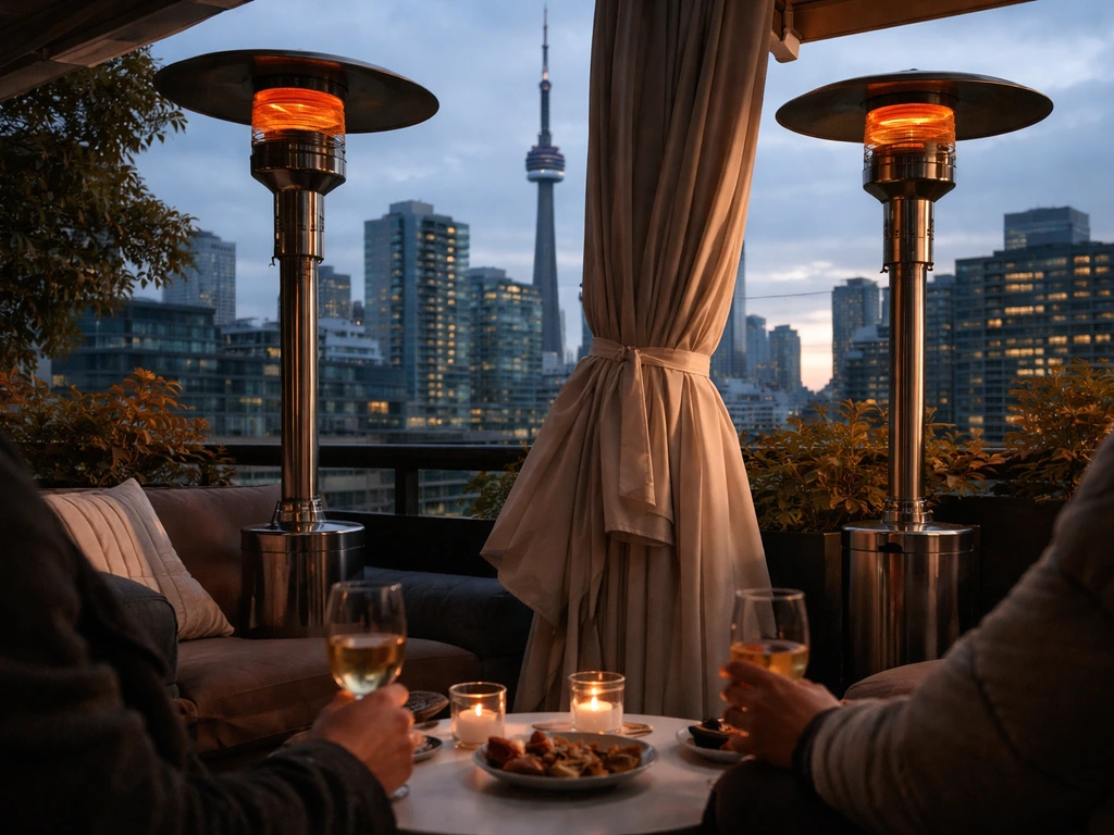 Close view of rooftop patio heaters and a covered awning with cool-weather diners nearby.