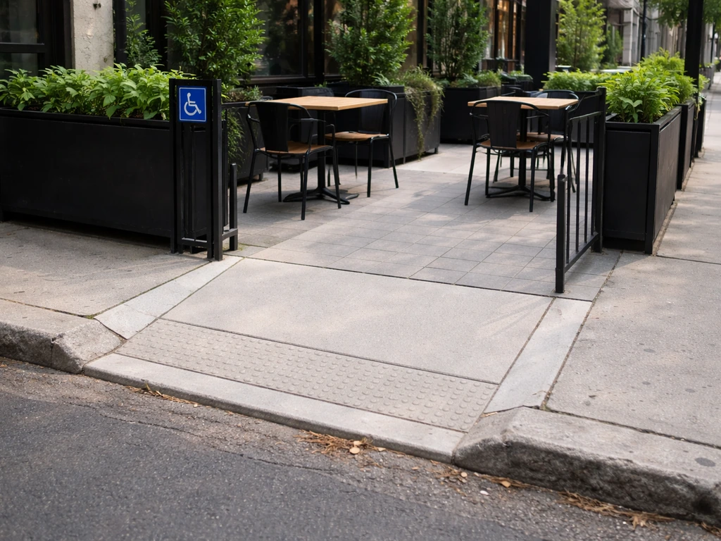 Sidewalk patio entrance with curb ramp and step-free route, showing accessible seating transition