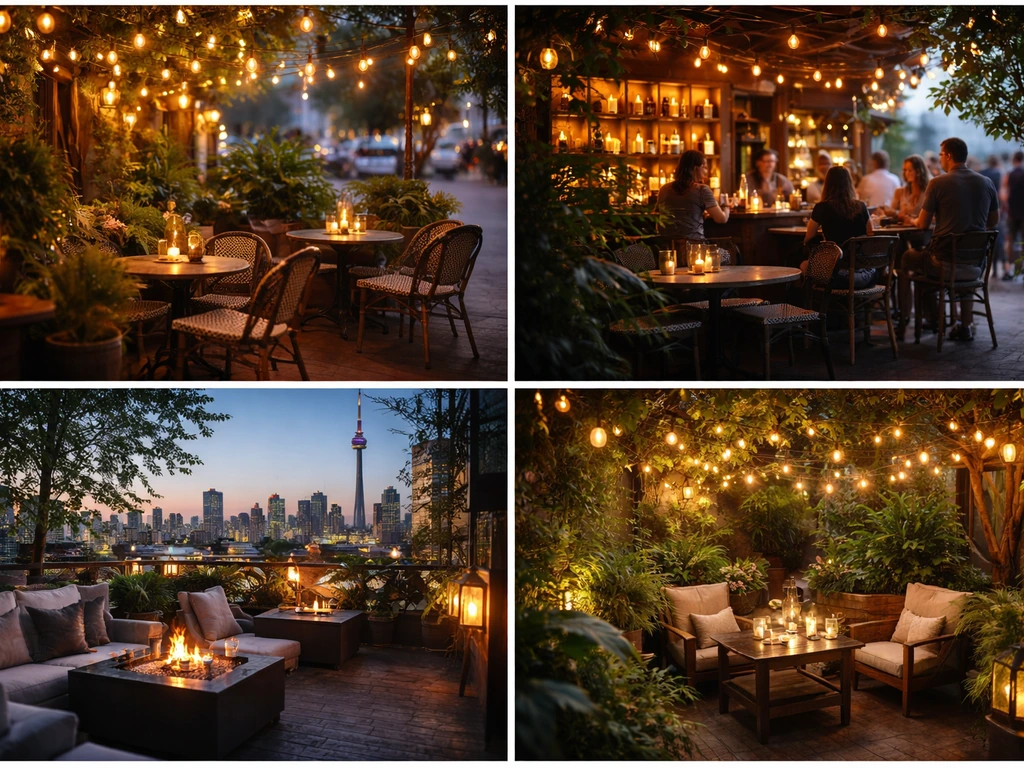 Collage of four distinct Toronto patio scenes: cozy street patio, lively bar patio, rooftop city view, and garden greene