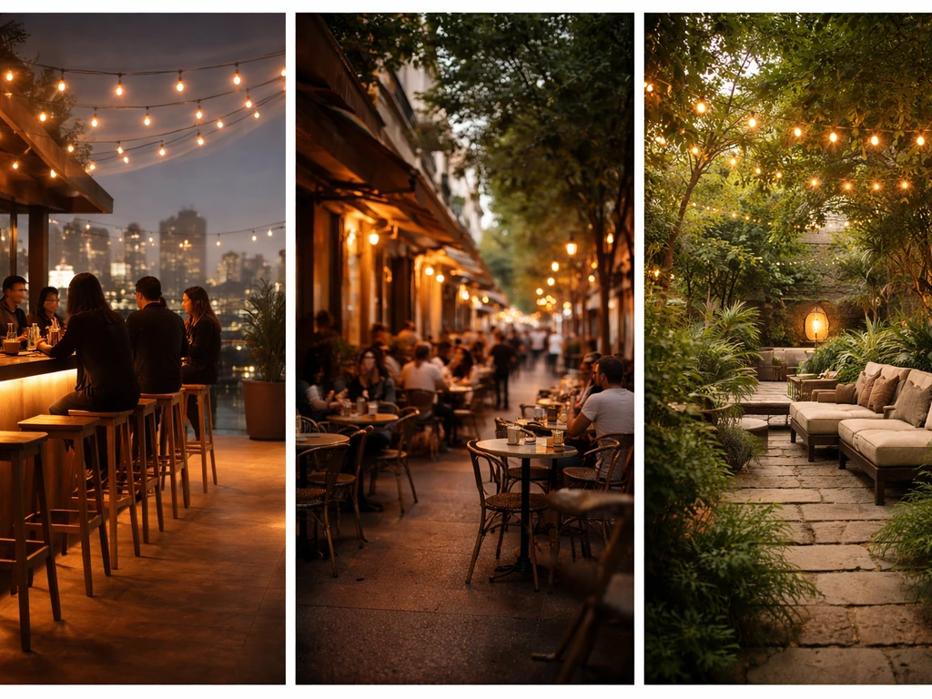 Three distinct outdoor dining scenes: rooftop bar, sidewalk café, and garden patio with different seating heights.