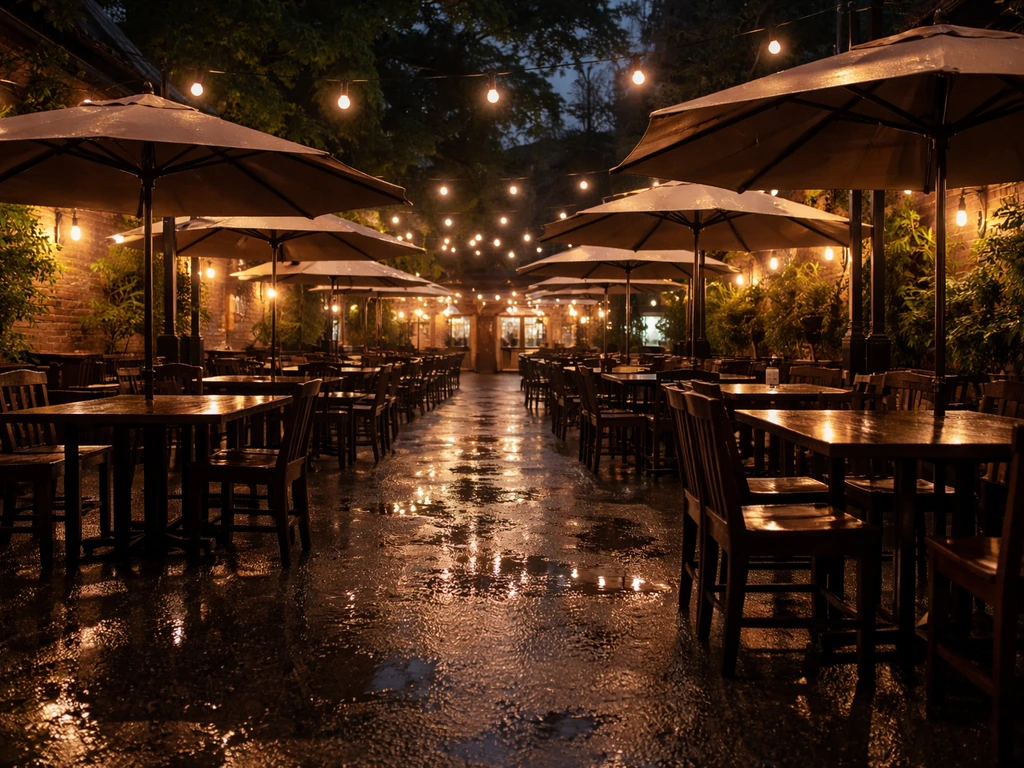 Night wide shot of Barney’s Patio with many lit umbrellas showing a large open-air seating area.