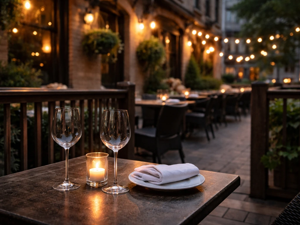 Cozy evening patio table set for two at Marienbad/Chaucer’s Pub with warm lights and wine glasses.