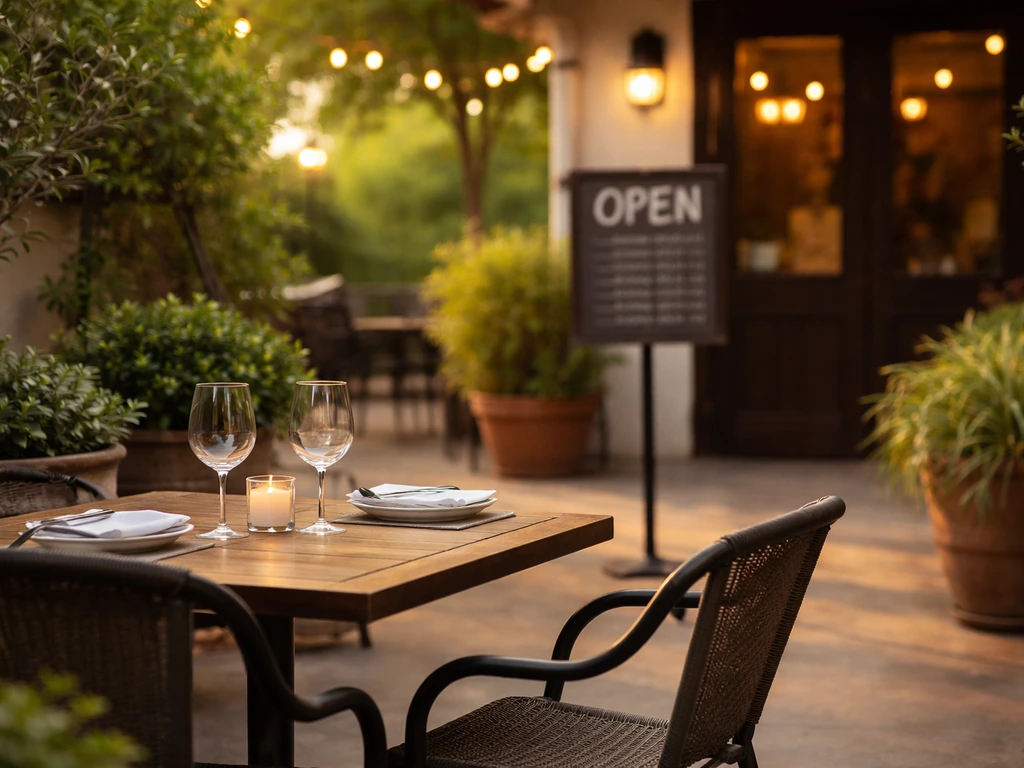 Outdoor patio with an “OPEN” sign and visible hours near the entrance, quiet dining tables in natural light.