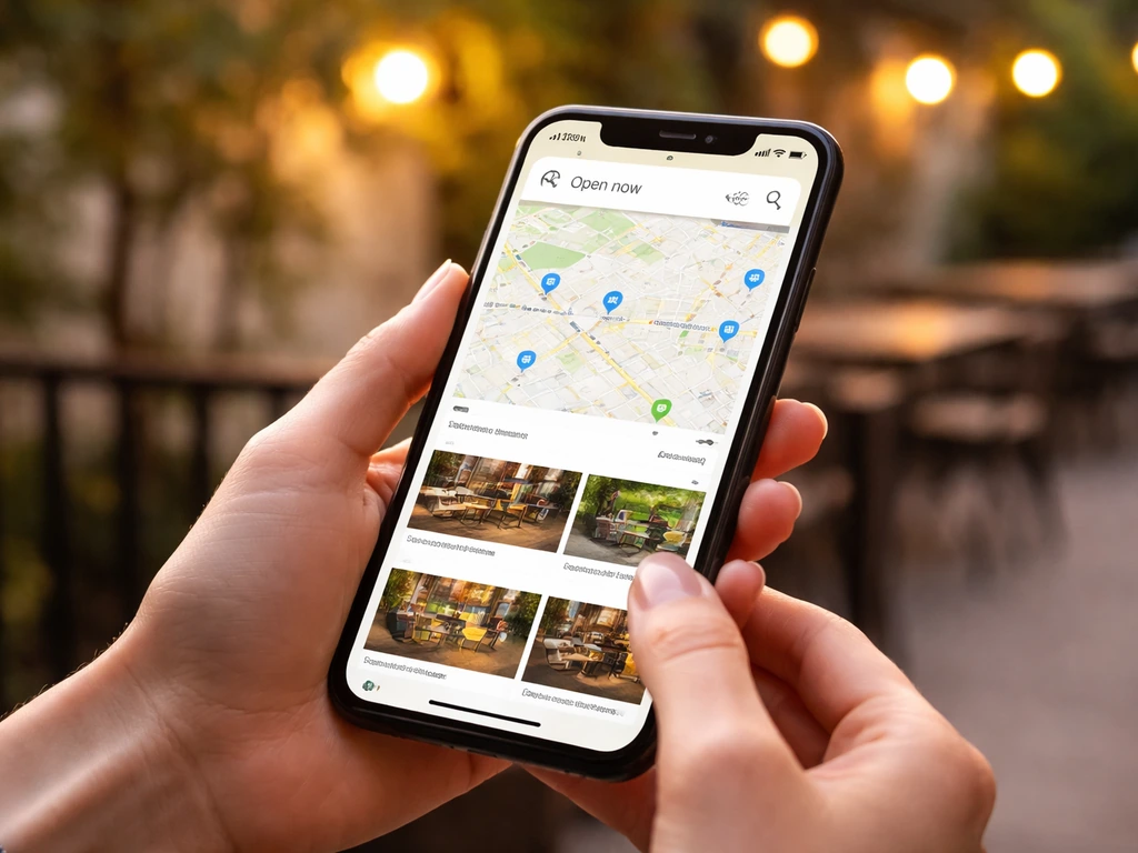 Hands holding a phone with a maps-style “Open now” filter for nearby patio/outdoor dining.