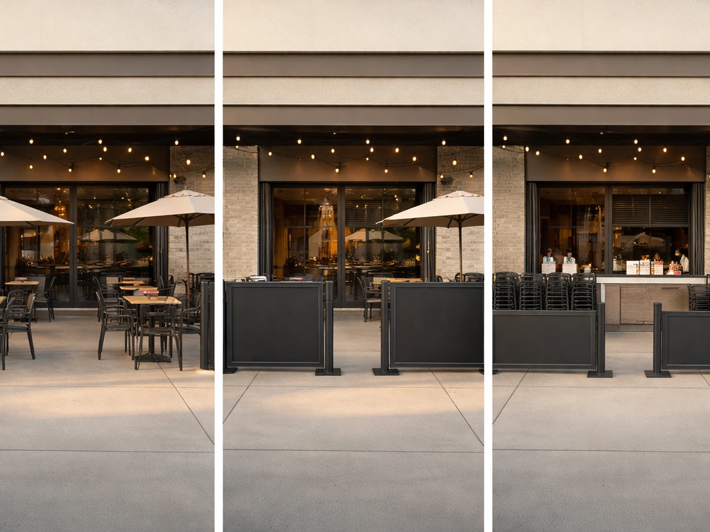 Three simple patio seating setups showing fully open, partially open, and closed-to-dining states.