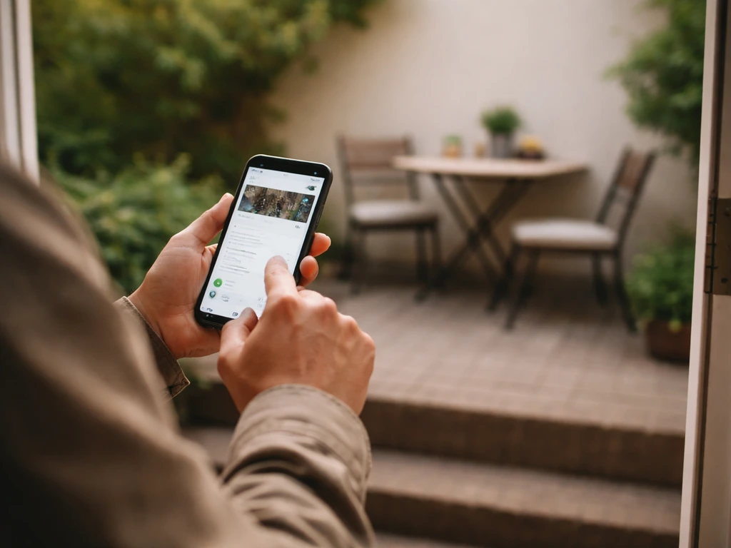 Person on patio steps checks a smartphone showing venue hours and a recent update without readable text.