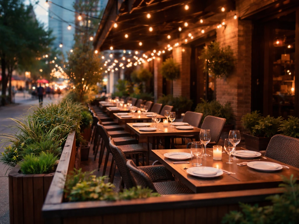 Warm outdoor dining patio on Yonge St near Eglinton with greenery and twinkling lights
