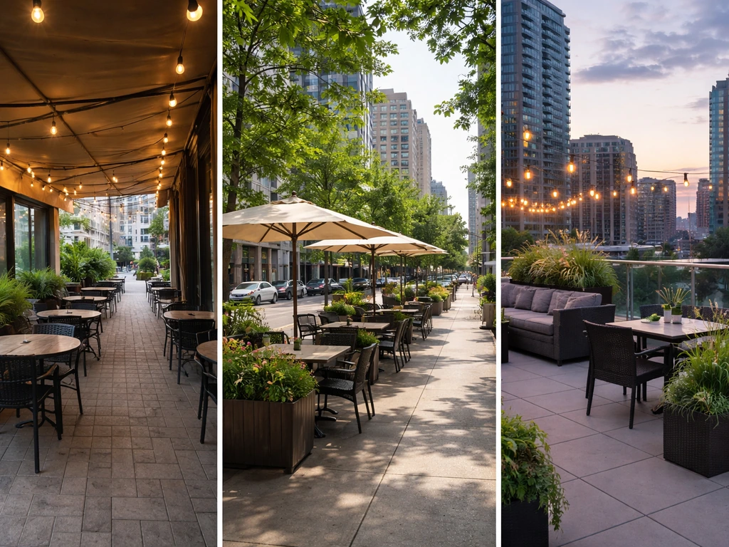 Three simple patio setups side-by-side: covered heated seating, open-air tables, and a rooftop patio at dusk.