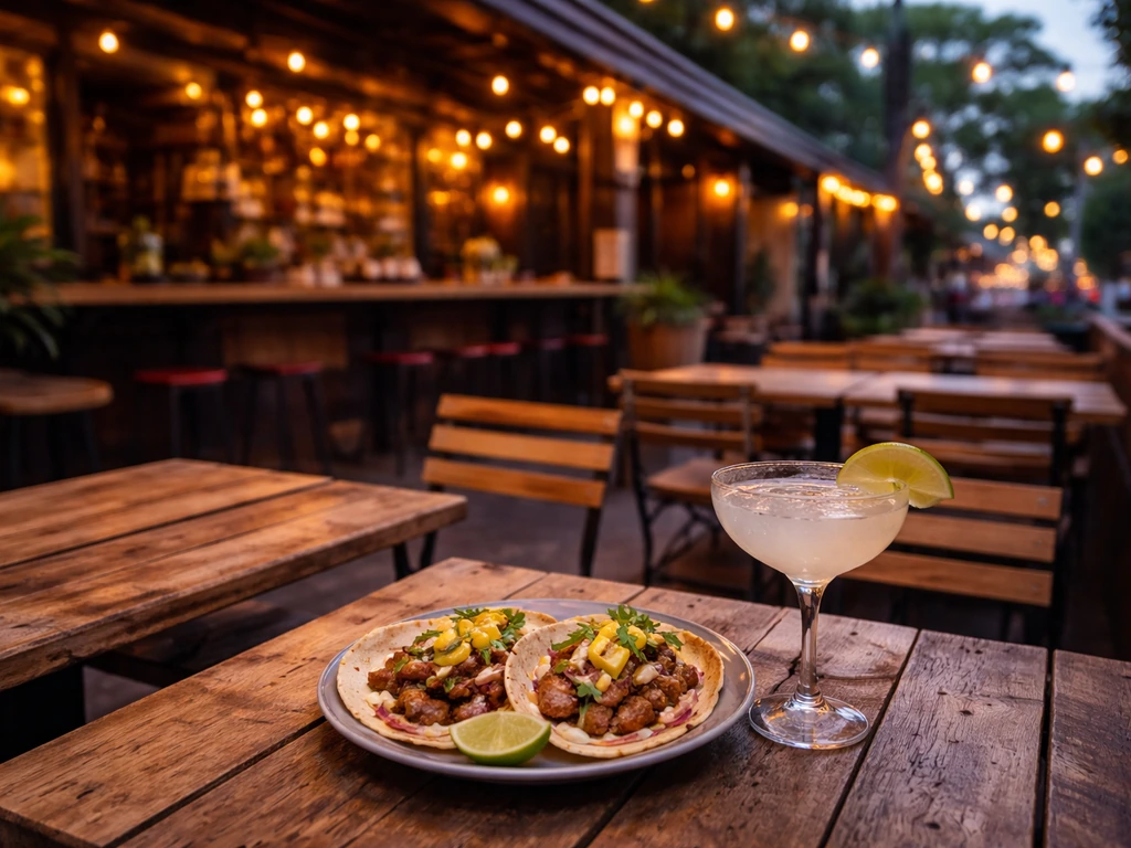 Warm summer outdoor patio with tacos and a margarita glass at a Toronto restaurant setting.