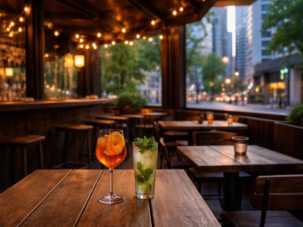 Outdoor patio bar at night near Yonge & Eglinton with warm lights, empty street-level tables, and cocktail drinks