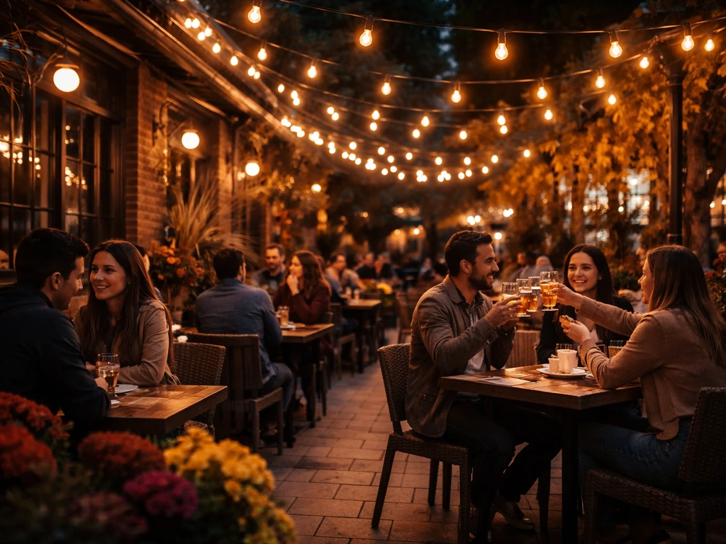 Warmly lit Brampton patio at night with diners and friends toasting under string lights.