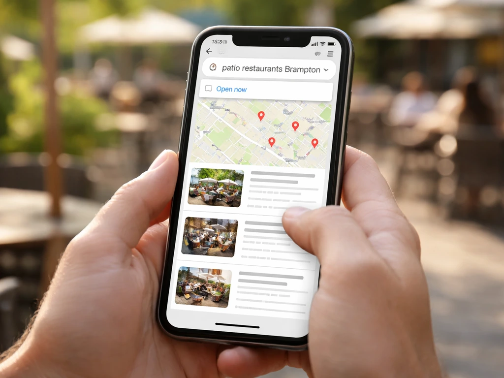 Close-up of a phone showing an app map search and an “Open now” filter for patio spots in Brampton.