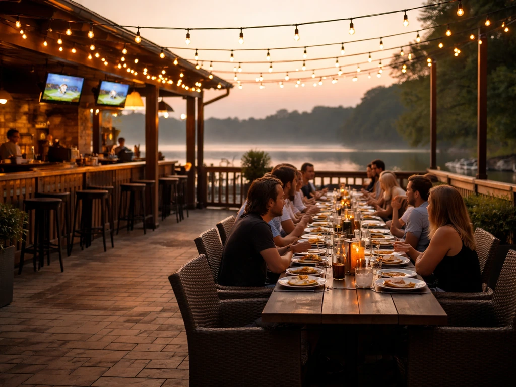 Lively waterfront patio at Jake’s Boathouse in Brampton with a group dining and sports-view ambiance