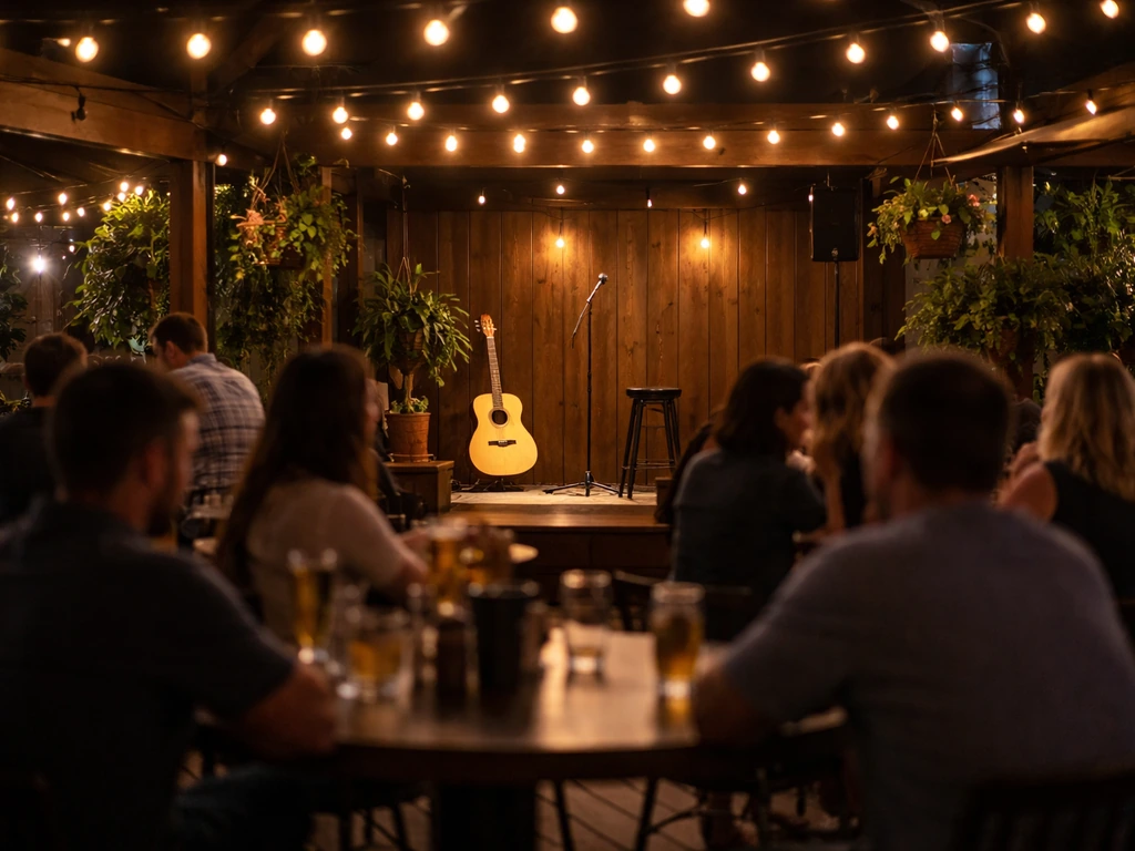 Warm-lit restaurant patio at night with a small live music setup and gathered crowd