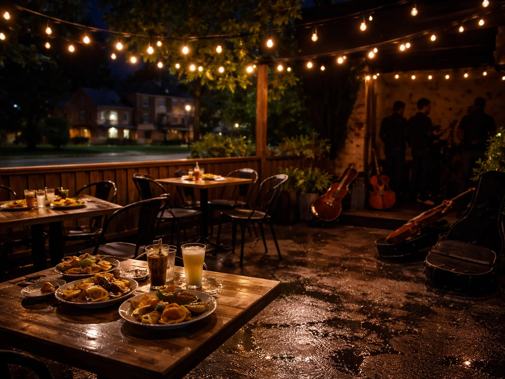 Warm-lit patio at night with string lights and street-food drinks, lively “something different” atmosphere in Brampton.