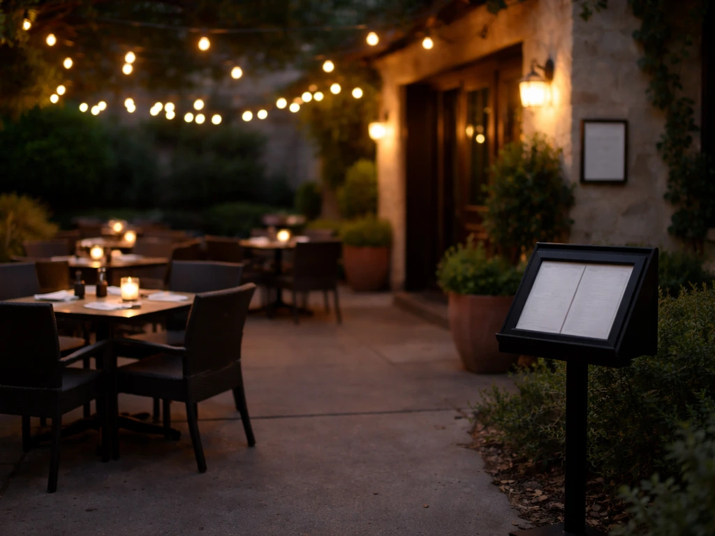 Dusk outdoor restaurant patio with softly lit seating and an outdoor dining hours sign near the entrance