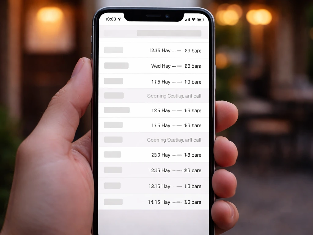 Close-up of a smartphone screen showing a Google-like business hours panel over a blurred restaurant setting