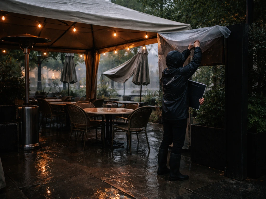 Rainy, windy restaurant patio with covered seating and a staff member securing weather protection.