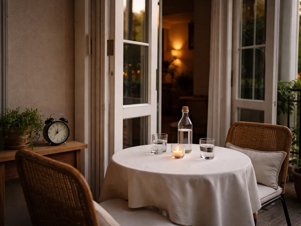 Analog clock on a patio table near an open window, warm evening light, simple dining setup.