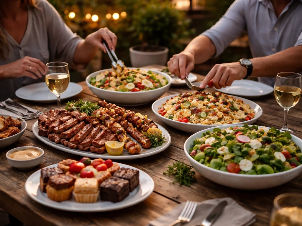 Outdoor patio table with an all-you-can-eat style spread of platters and casual diners