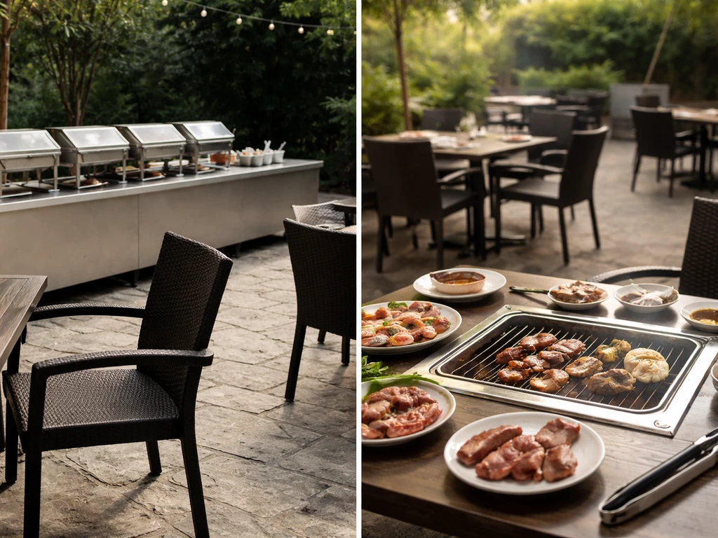 Side-by-side outdoor dining scene showing a self-serve patio buffet and a table grill-style setup.