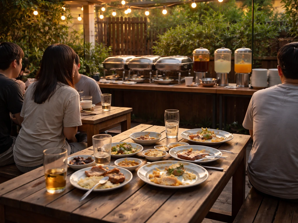 Patio communal table with diners nearby and visible self-serve chafing dishes and beverages.