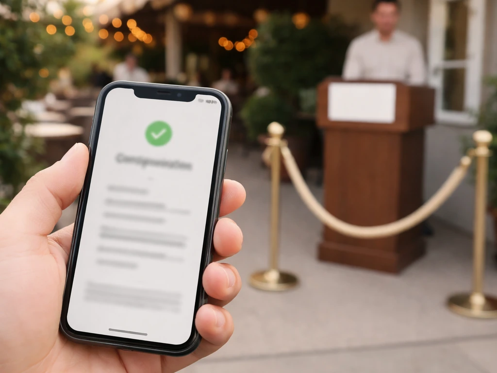 Hand holding a phone with an unreadable reservation screen near a restaurant patio greeter podium.