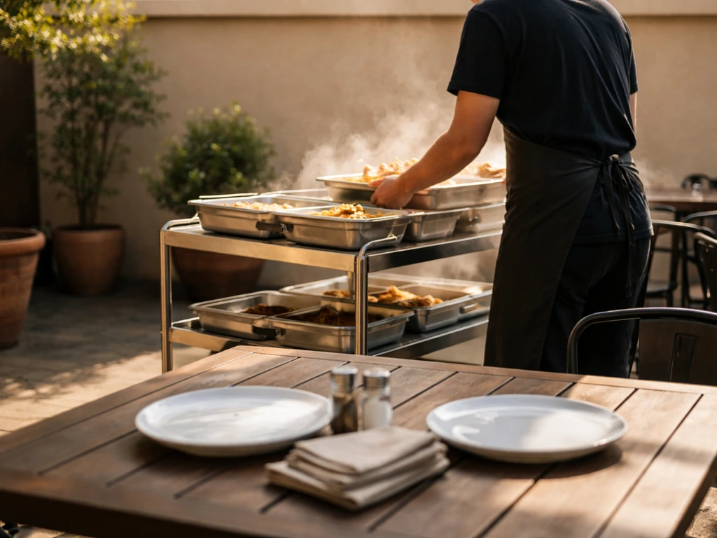 Empty patio table at opening time with staff replenishing fresh steaming AYCE food trays