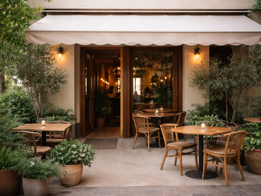 Sunlit view of a welcoming restaurant patio storefront with an open sign vibe and doors ready for visitors.