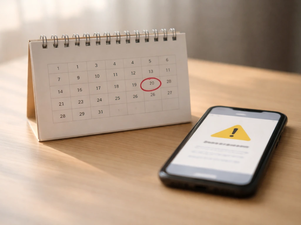 Close-up of a desk calendar with a holiday date circled and a phone beside it for checking hours.