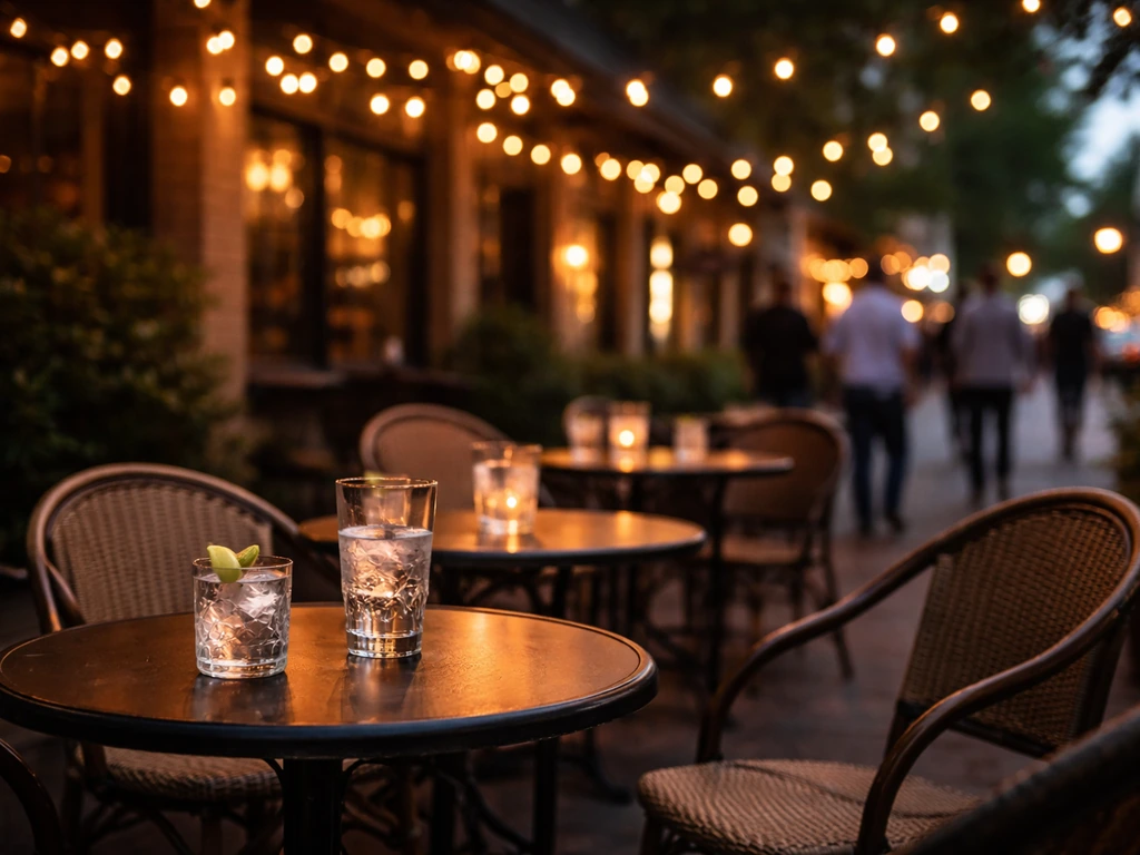 Warm-lit Guelph patio at dusk with drinks on tables and inviting street ambience.