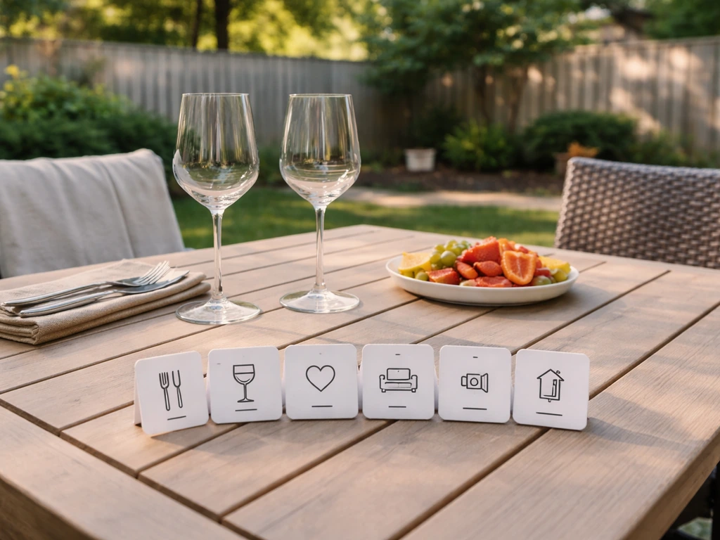 Minimal patio table scene with a small checklist card set for quick choosing