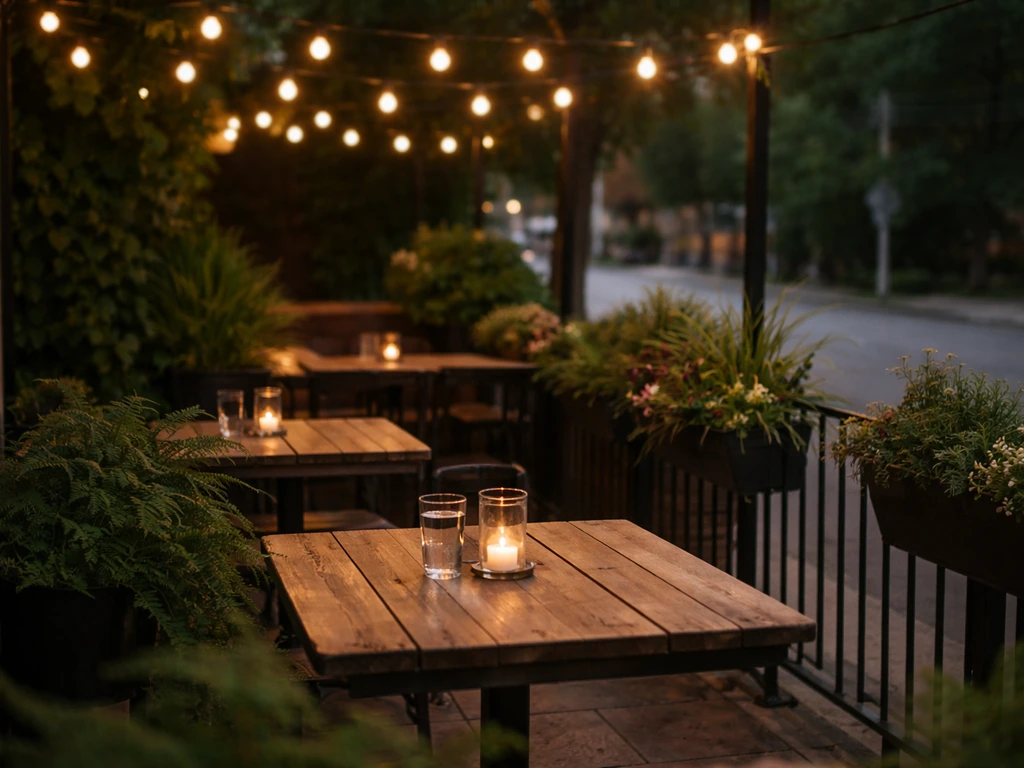 Intimate Guelph bar patio at dusk with warm lights, empty wooden tables, and planters.