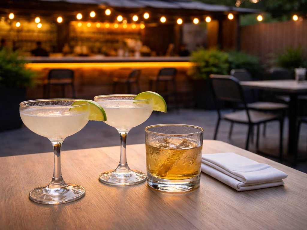 Cornerstone Bar & Grill Guelph patio table with cocktails and bar-side lights at dusk